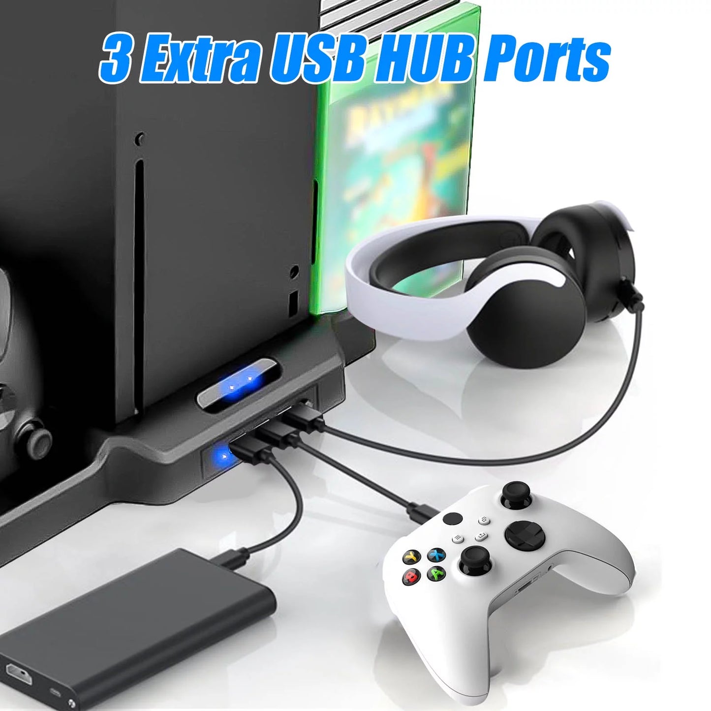 Vertical stand fit for xbox series x/s with 2 cooling fans, eeekit dual controller fast charging dock station fit for xbox series s/x with 3 usb ports, 11 game disc slots