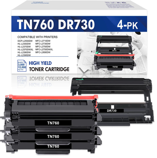 Tn-760 toner cartridge and dr-730 drum unit set compatible for brother dcp-l2550dw hl-l2350dw mfc-l2710dw mfc-l2690dw printer (3x tn760 toner, 1x dr730 drum unit )