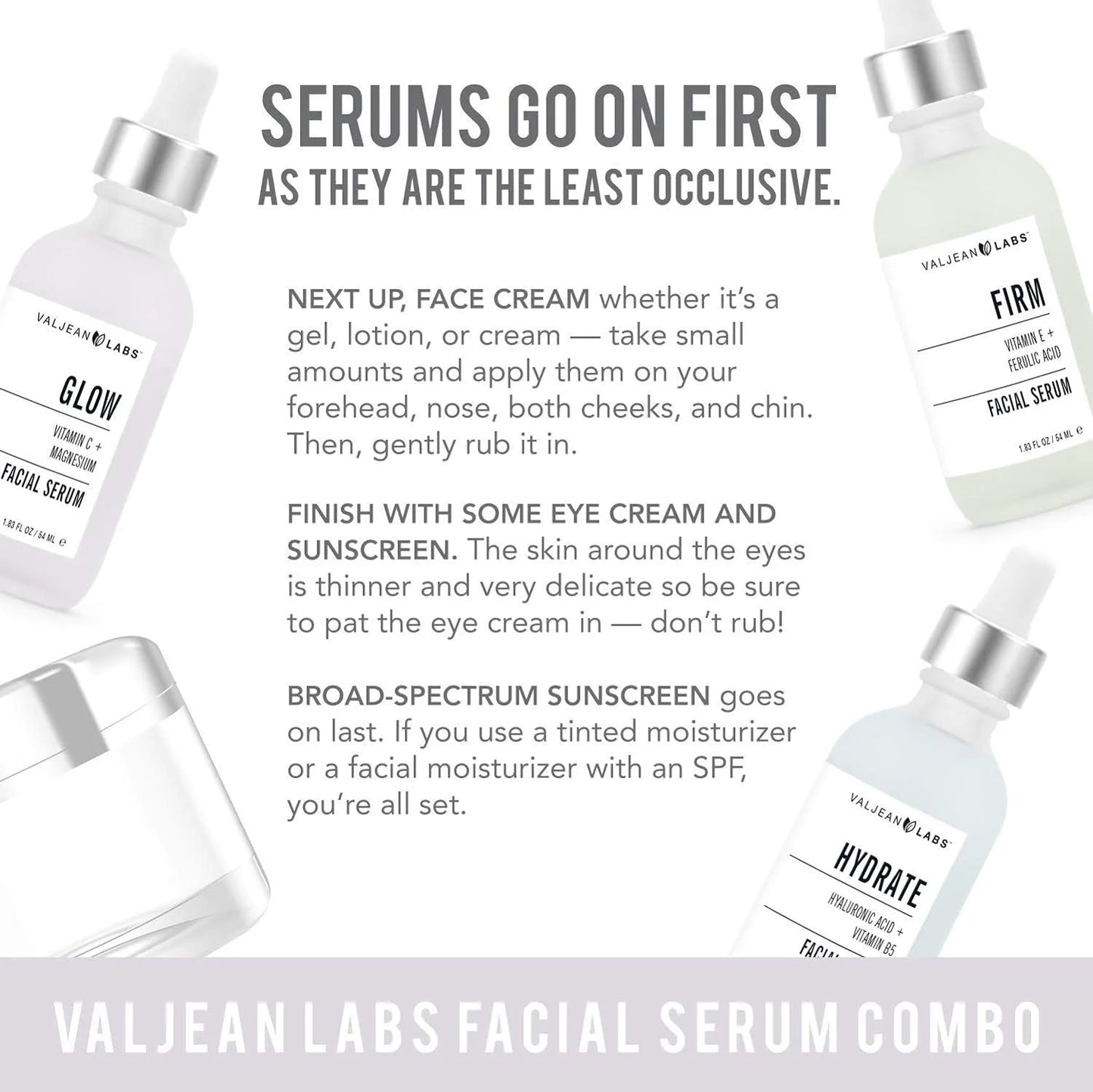 Valjean labs facial serum, combo pack of hydrate, glow, and firm - supercharged, targeted skincare ingredients - paraben free, cruelty free, 1oz bottles