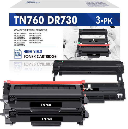 Tn760 tn730 toner cartridge and dr730 drum unit set compatible for brother dcp-l2550dw hl-l2350dw mfc-l2710dw mfc-l2690dw printer (2x tn-760 toner, 1x dr-730 drum unit )