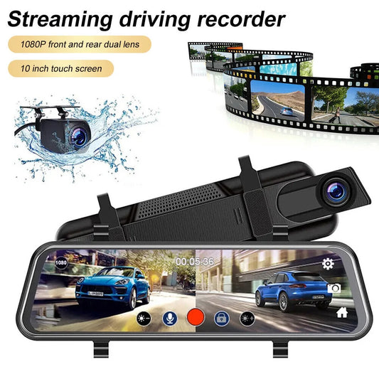 1080p mirror dash cam front rear dual camera 10" ips touch screen 170° wide angle car streaming recorder g-sensor loop recording