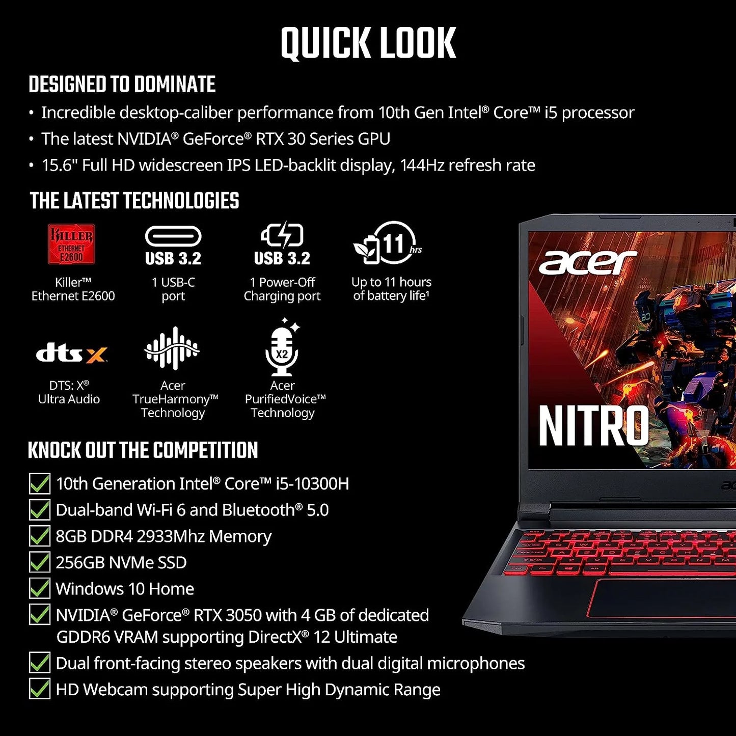 Acer nitro 5 15.6-inch 144hz ips gaming laptop + high quality 6ft hdmi cable + lcd screen cleaner + wired stereo gaming headset + gaming controller- carbon black