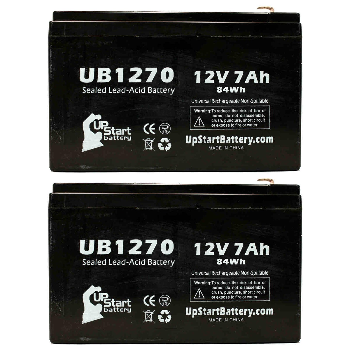 2x pack - compatible upsonic pcm35 battery - replacement ub1270 universal sealed lead acid battery (12v, 7ah, 7000mah, f1 terminal, agm, sla) - includes 4 f1 to f2 terminal adapters