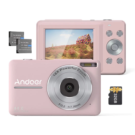 Andoer portable 1080p digital video camcorder 44mp auto focus 2.5 ips screen 16x digital zoom -shake face detect smile capture with 32gb memory 2pcs batteries christmas gift for teens