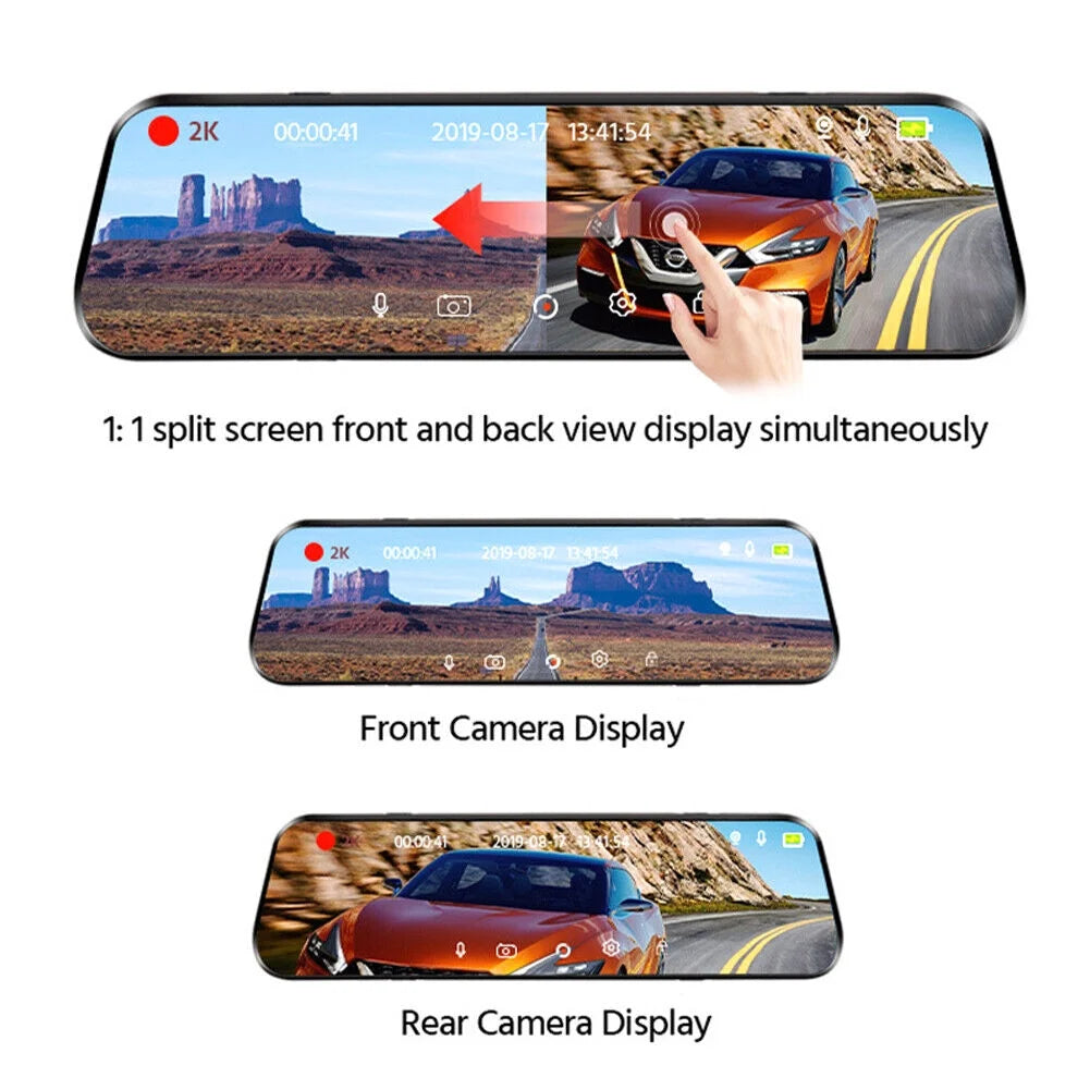 1080p mirror dash cam front rear dual camera 10" ips touch screen 170° wide angle car streaming recorder g-sensor loop recording