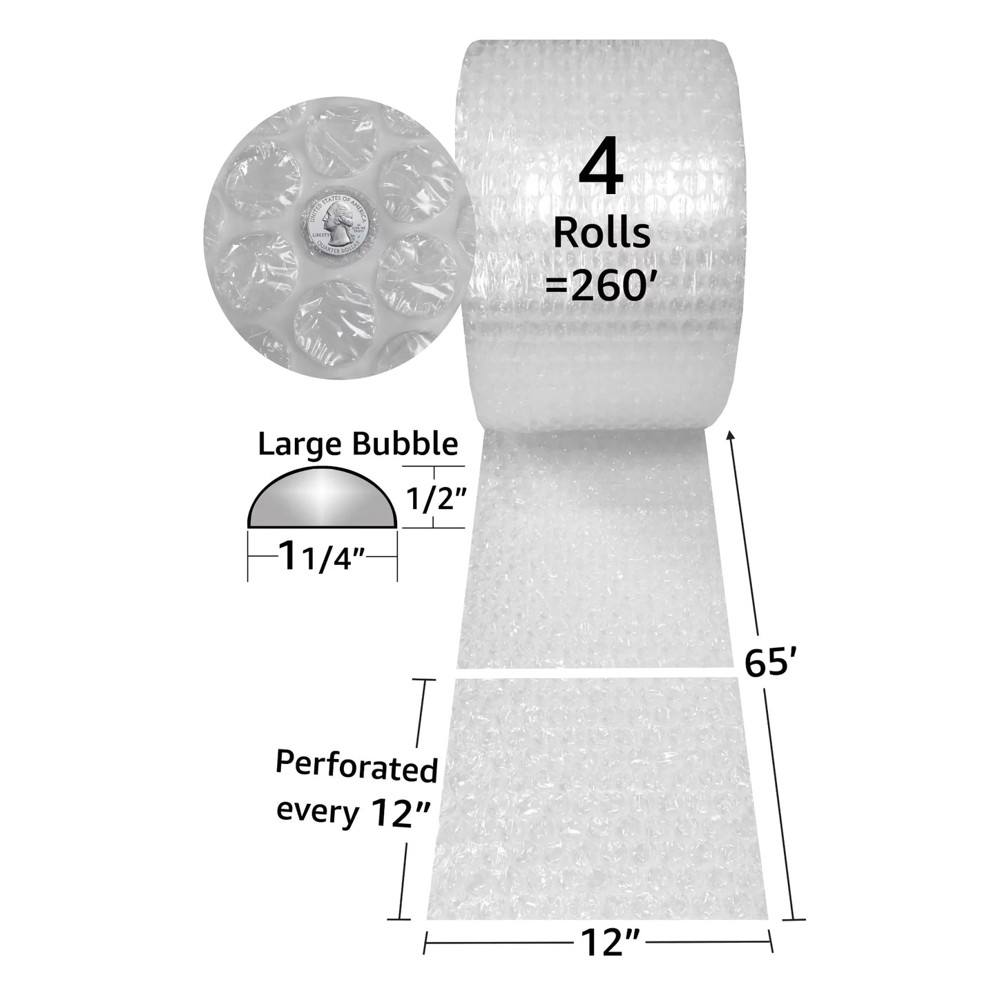 Uoffice bubble cushioning wrap roll - 260 ft x 12" wide - large 1/2" size bubbles