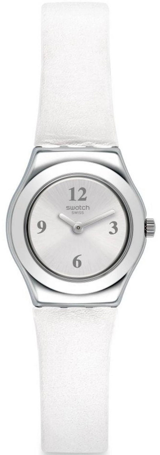 Swatch yss296 silver tone dial white leather strap women's watch