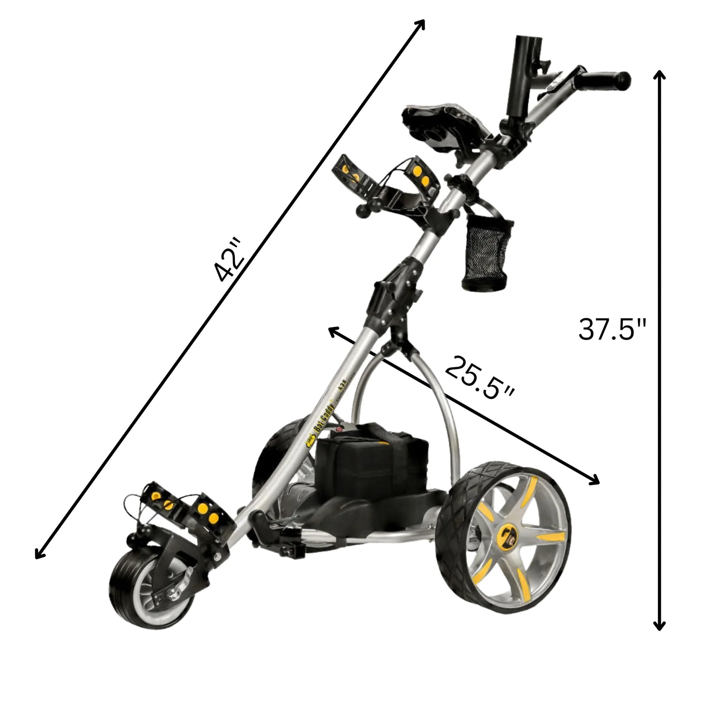 Batcaddy x3r sealed lead 18-hole battery powered golf push cart with remote, dual motor, 9-speeds and reverse, cruise control, anti-tip wheel, and downhill control, titanium silver