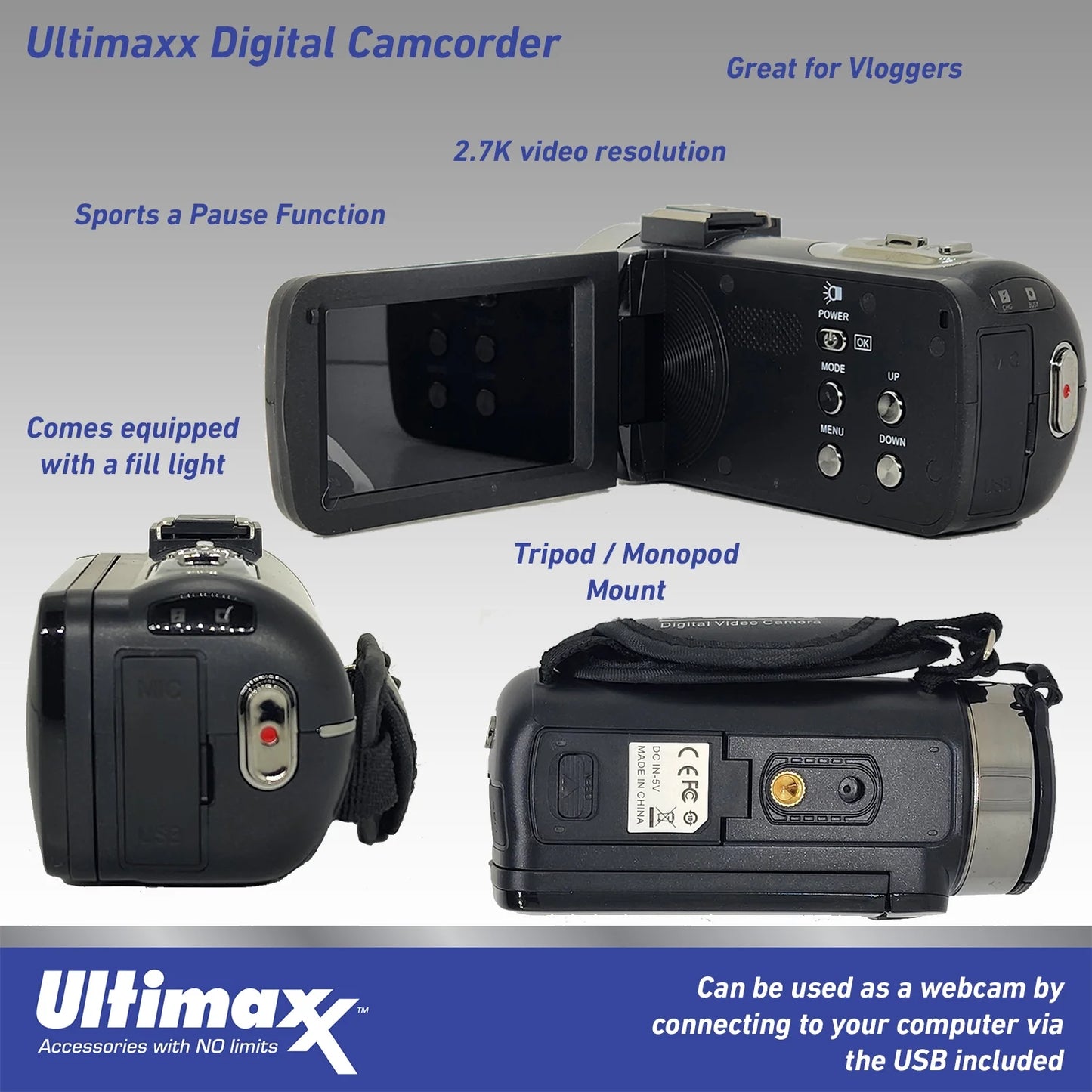 Ultimaxx 4k ultra hd 42mp camcorder video vlog camera with led light bundle