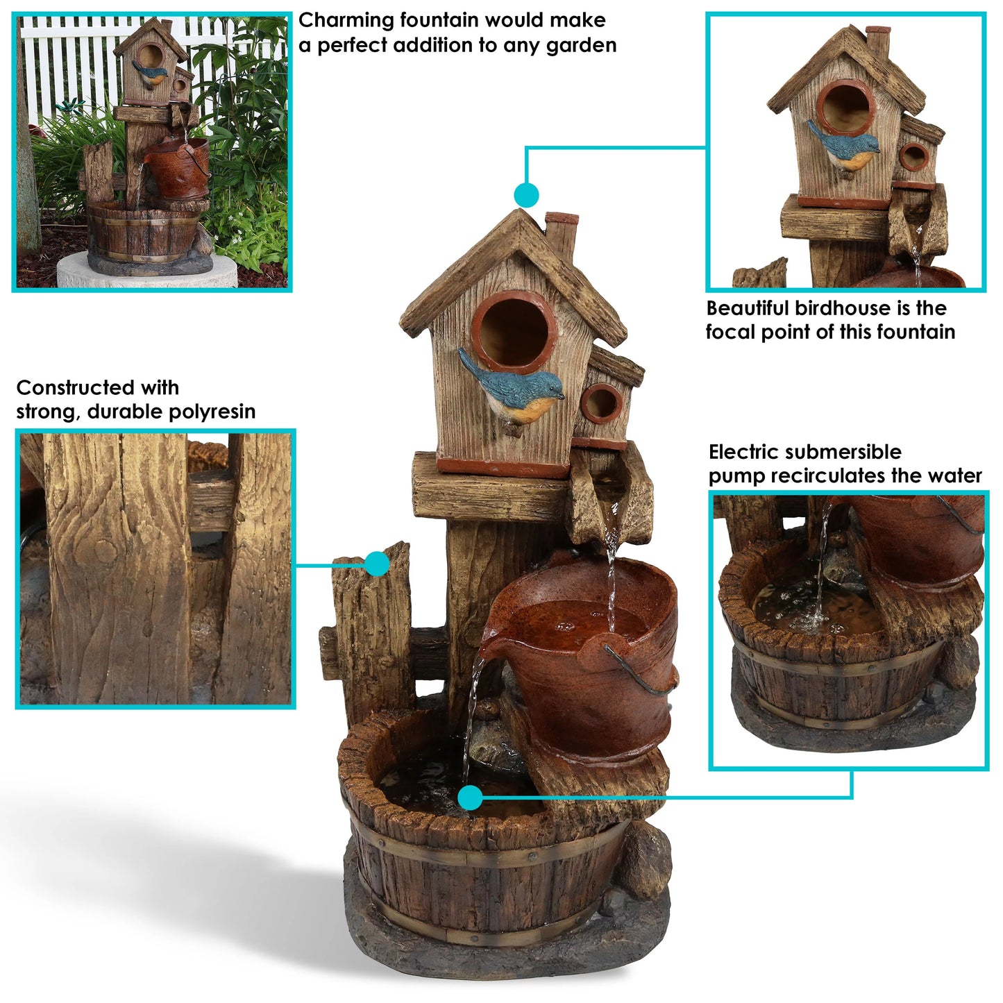 Sunnydaze bluebird house and buckets outdoor fountain - 26"