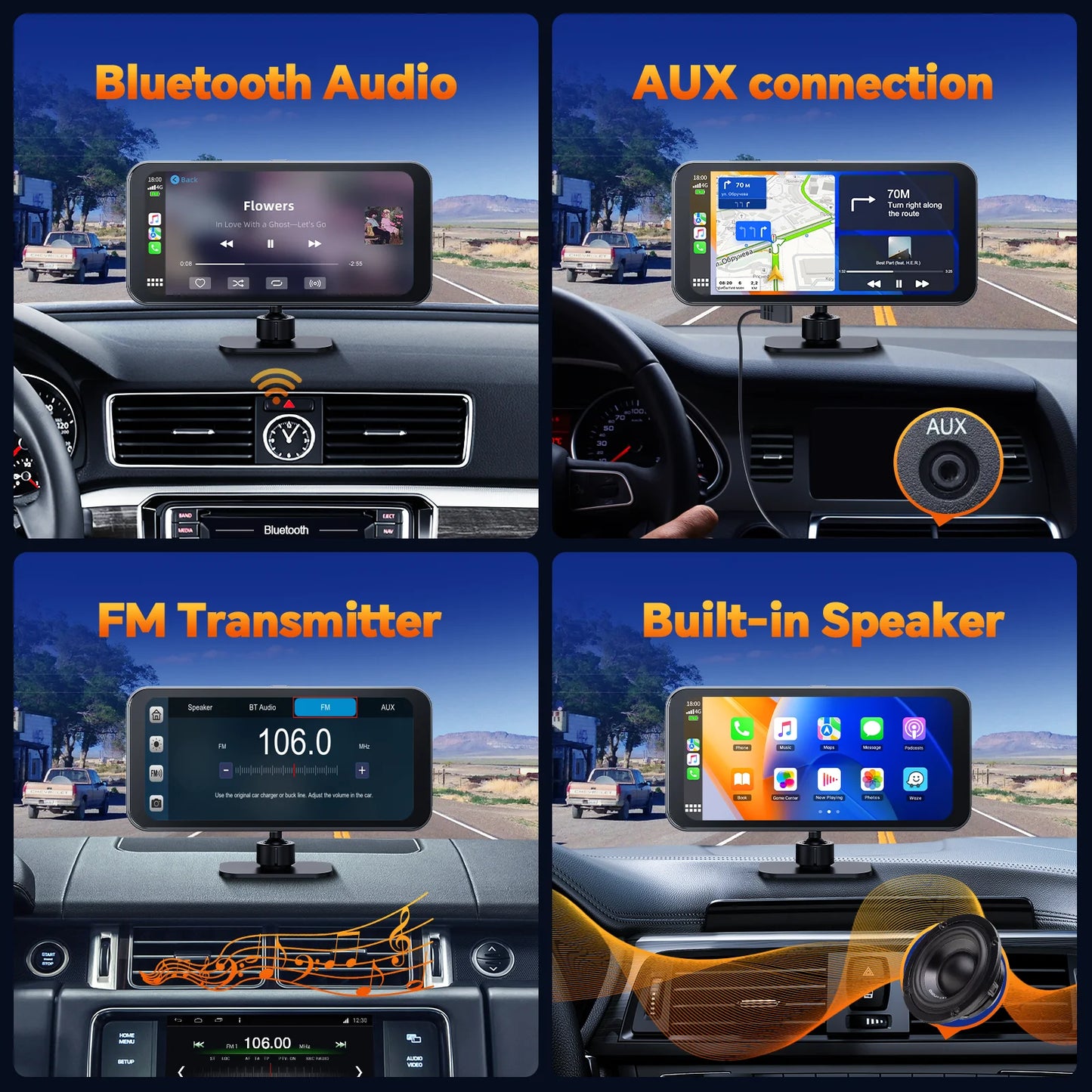 Toguar 6.25" portable apple carplay android auto screen with 4k ultra hd dash cam, wireless car play for gps navigation, bluetooth car stereo, backup camera park assist, mirror link car radio receiver