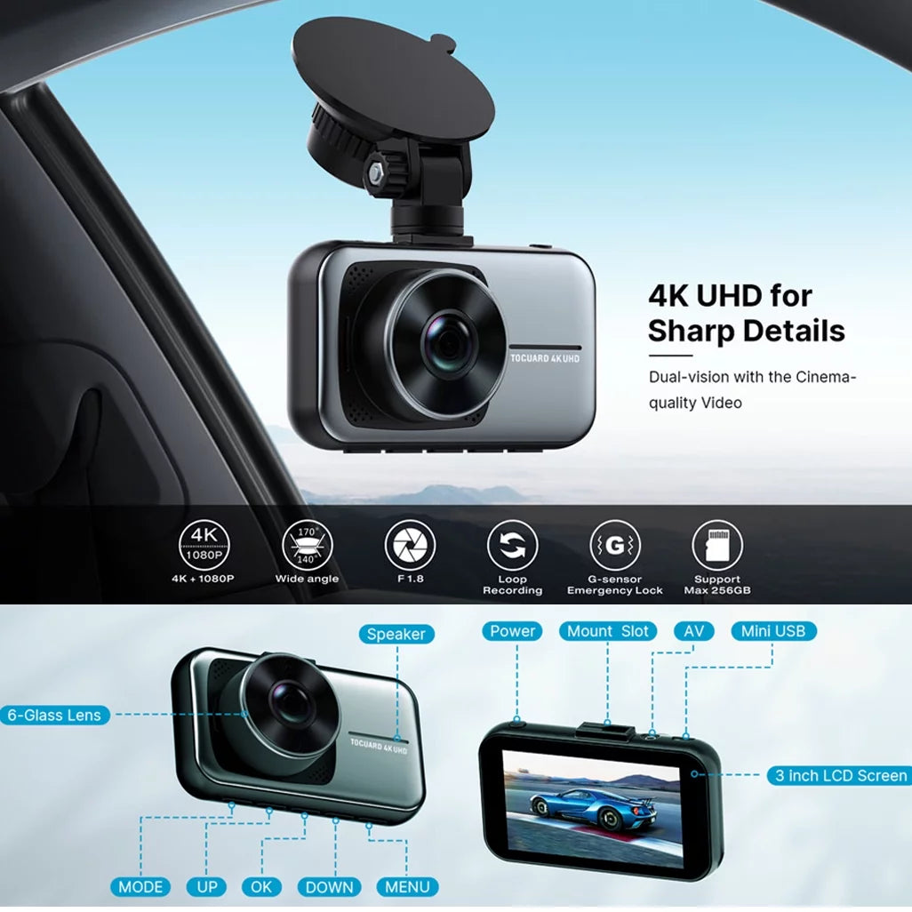 Toguard 4k dual dash cam for cars uhd 2160p+1080p front and rear dash camera, 3" display car dashboard camera battery drive recorder  parking mode g-sensor support 256gb sd card