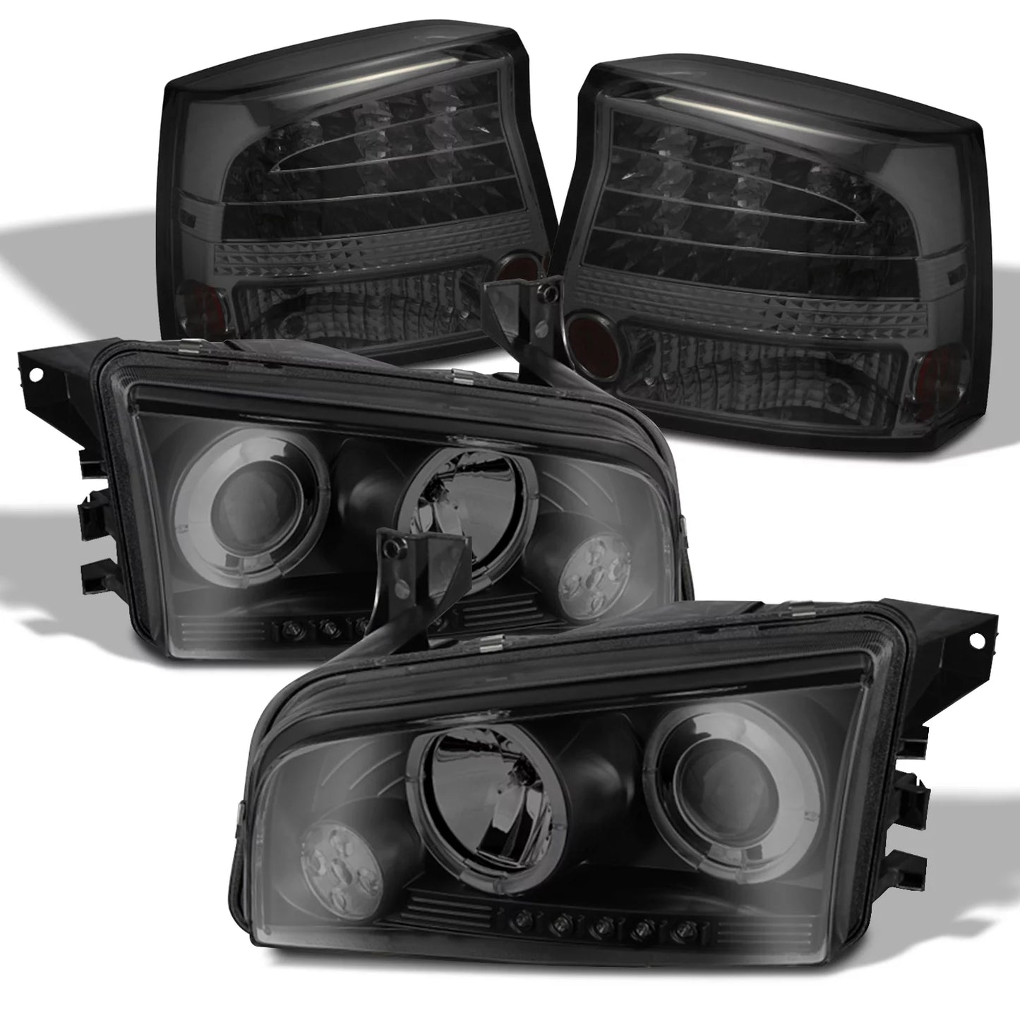 Akkon - [led tail + headlights]fits 2006-2008 dodge charger dual halo headlights + tail lights in black smoke housing