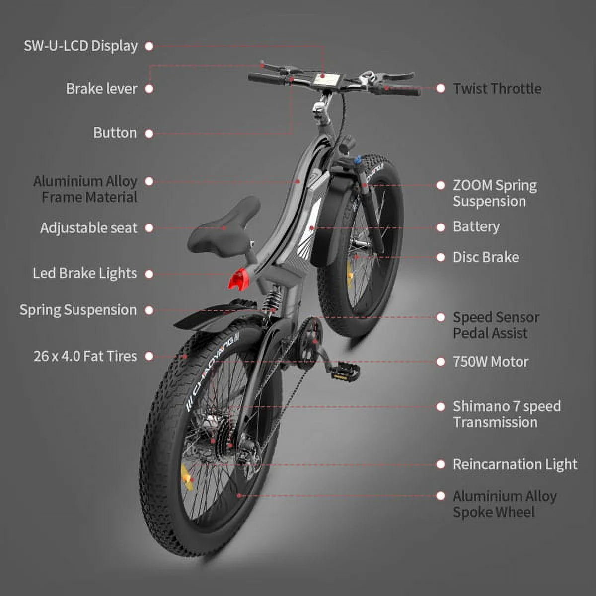 Aostirmotor hot fat tire adults electric bicycle 26 in. electric mountain bike