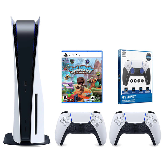 Sony playstation 5 disc version console with extra white controller, surge fps grip kit with precision aiming rings and sackboy: a big adventure bundle