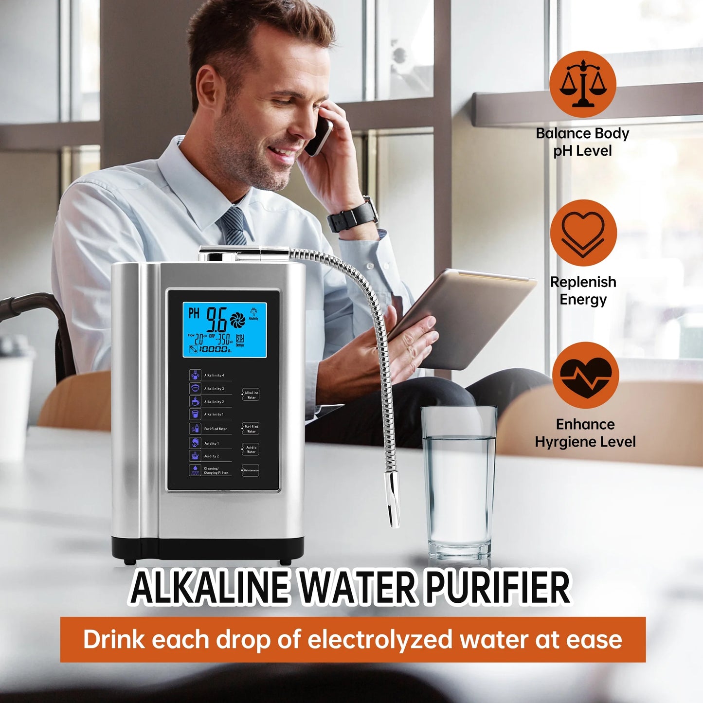 Alka water ionizer, water purifier machine ph 3.5-10.5 alkaline acid water machine,up to -500mv orp, 8000 liters per filter,7 water settings,auto-cleaning,intelligent voice(silver)