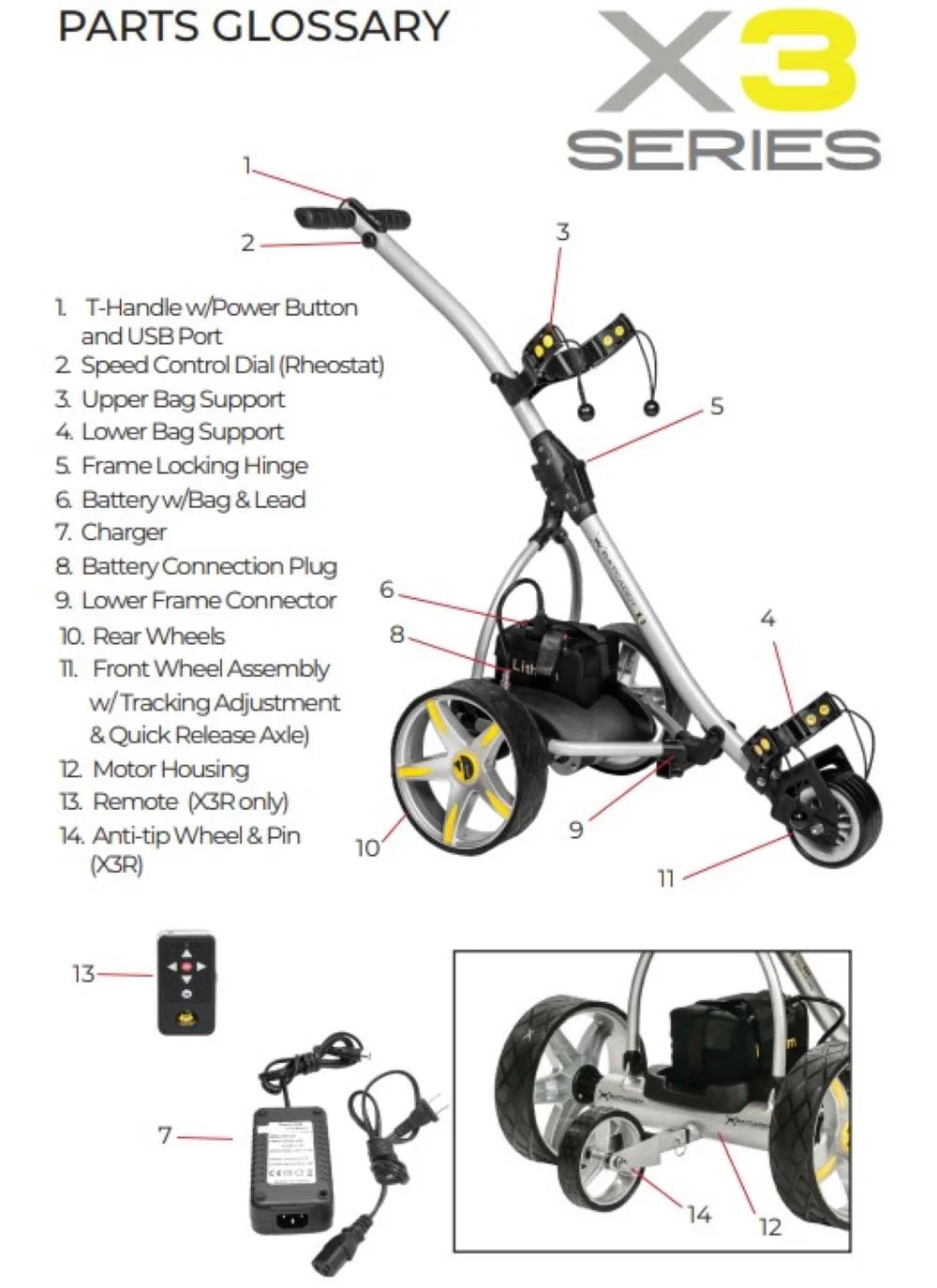 Batcaddy x3r sealed lead 18-hole battery powered golf push cart with remote, dual motor, 9-speeds and reverse, cruise control, anti-tip wheel, and downhill control, titanium silver