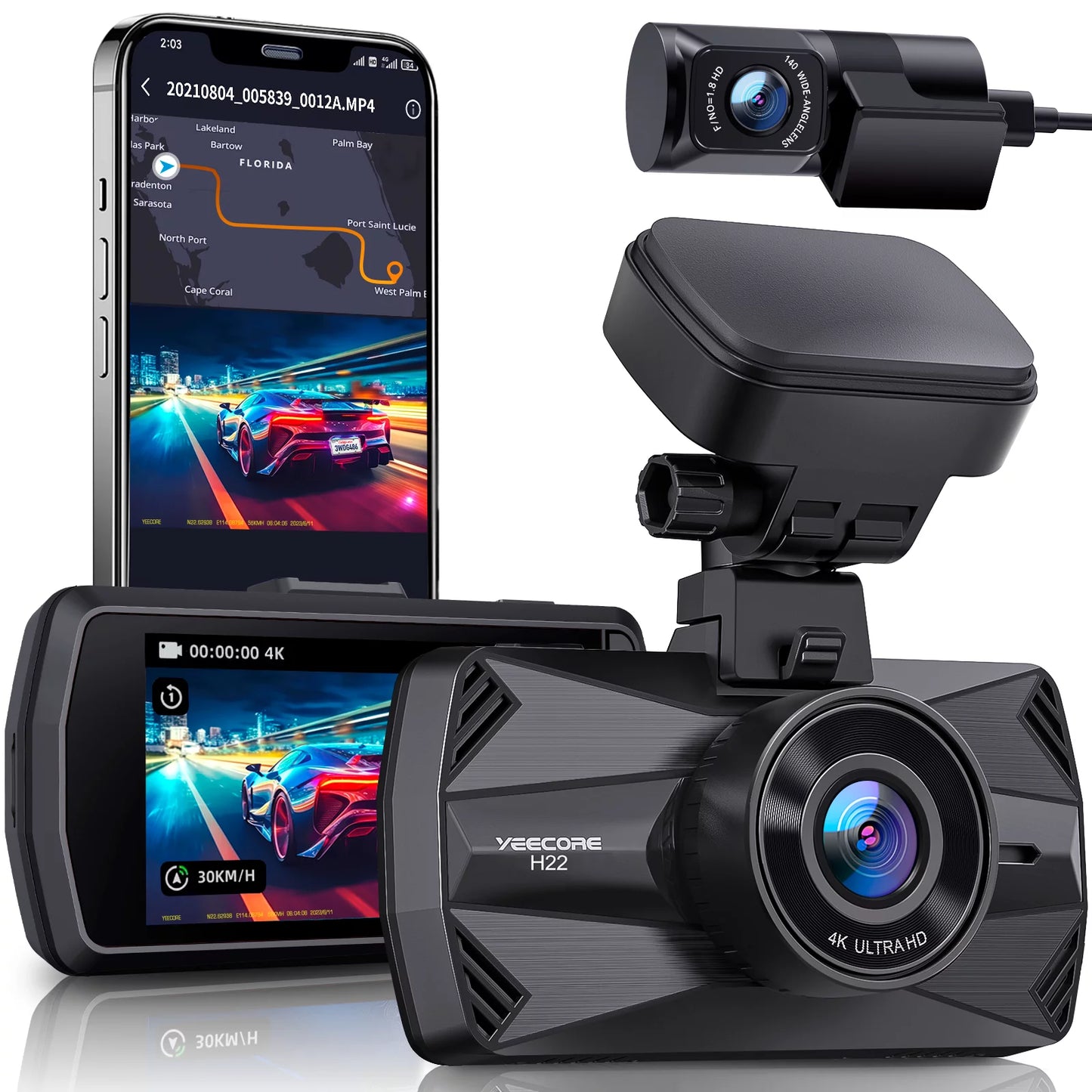 Yeecore dual dash cam, real 4k+1080p front and rear, built-in wifi gps, 3" ips screen, hdr night vision, 24h parking monitor, 157°wide angle dash camera for cars, g-sensor, loop recording