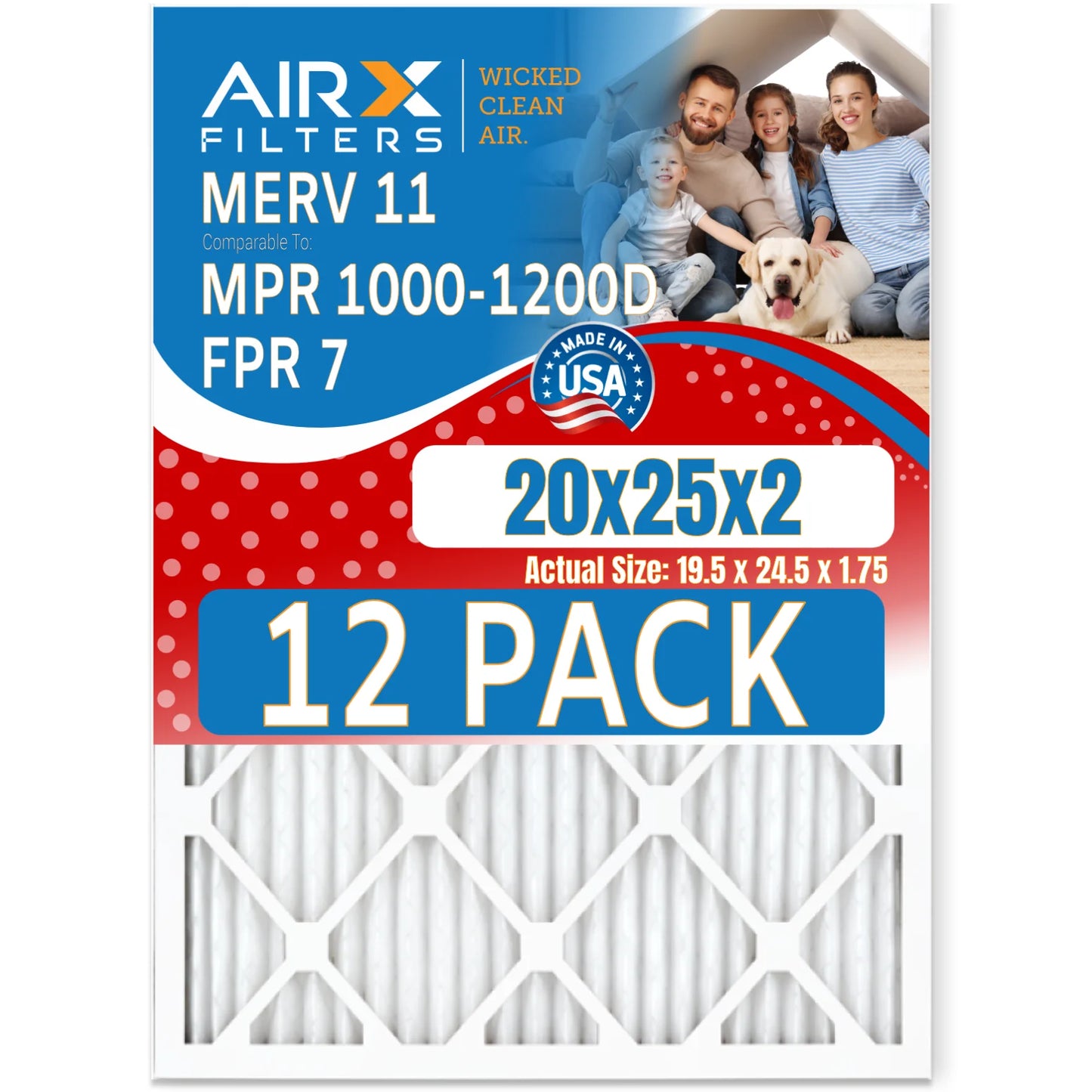 20x25x2 air filter merv 11 rating, 12 pack of furnace filters comparable to mpr 1000, mpr 1200 & fpr 7 - made in usa by airx filters wicked clean air.