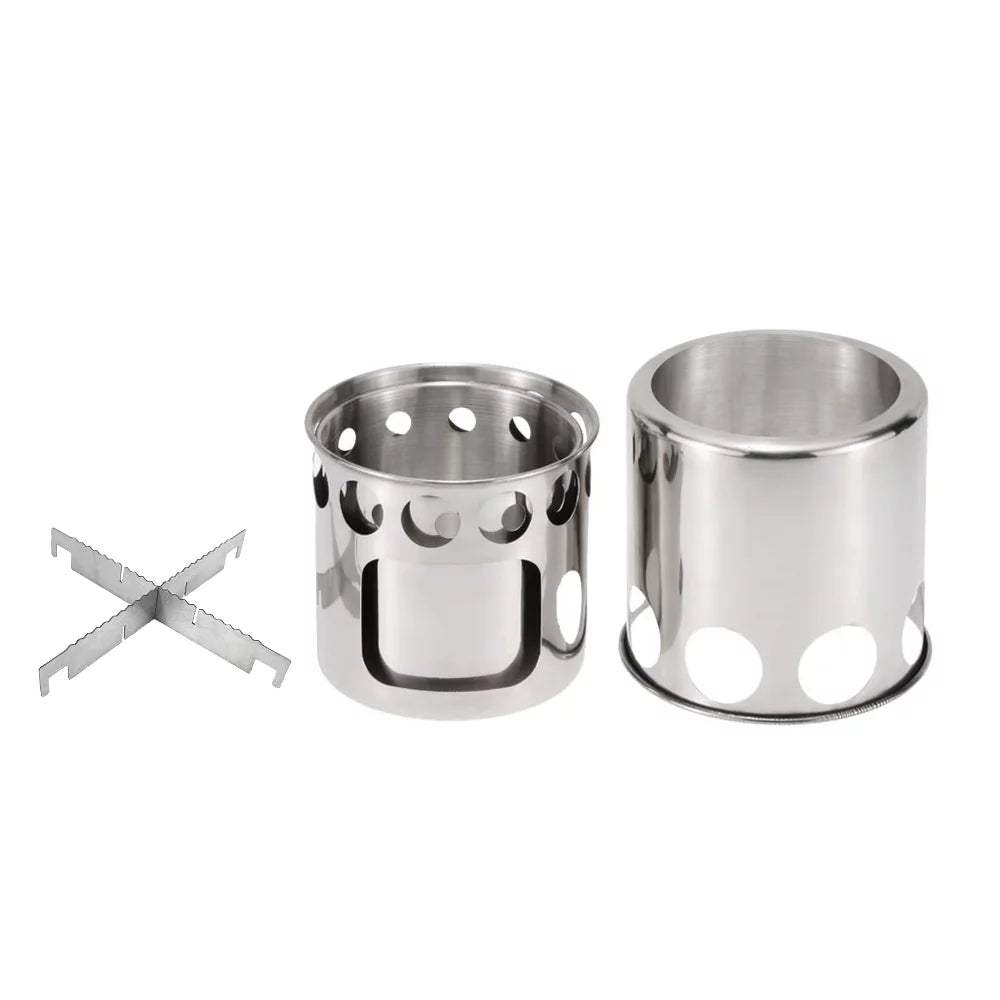 Tomshoo compact wood burning stove and cooking pot set, ideal for backpacking and activities