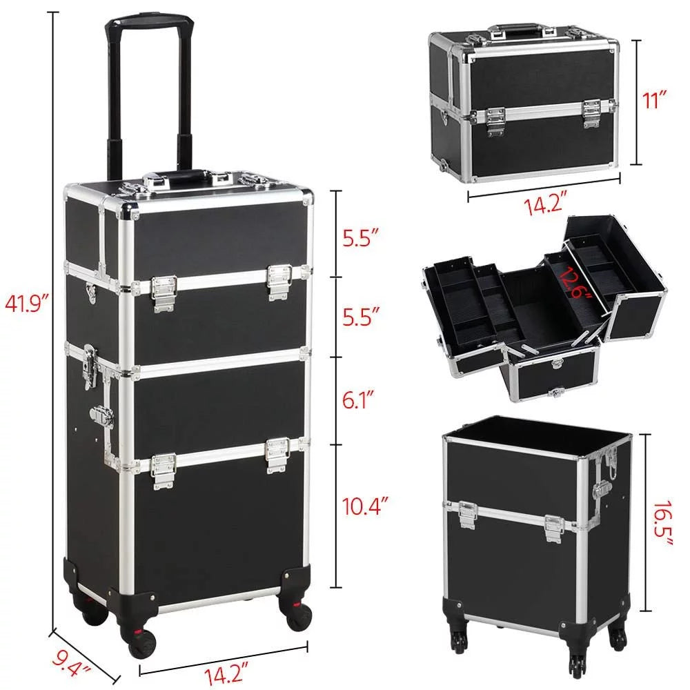 3-in-1 aluminum cosmetic case professional makeup train case large capacity trolley makeup travel case