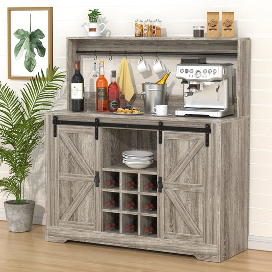 Urban deco coffee bar cabinet with rack and storage,liquor bar buffet sideboard with 6 hooks for kitchen dining room(gray)