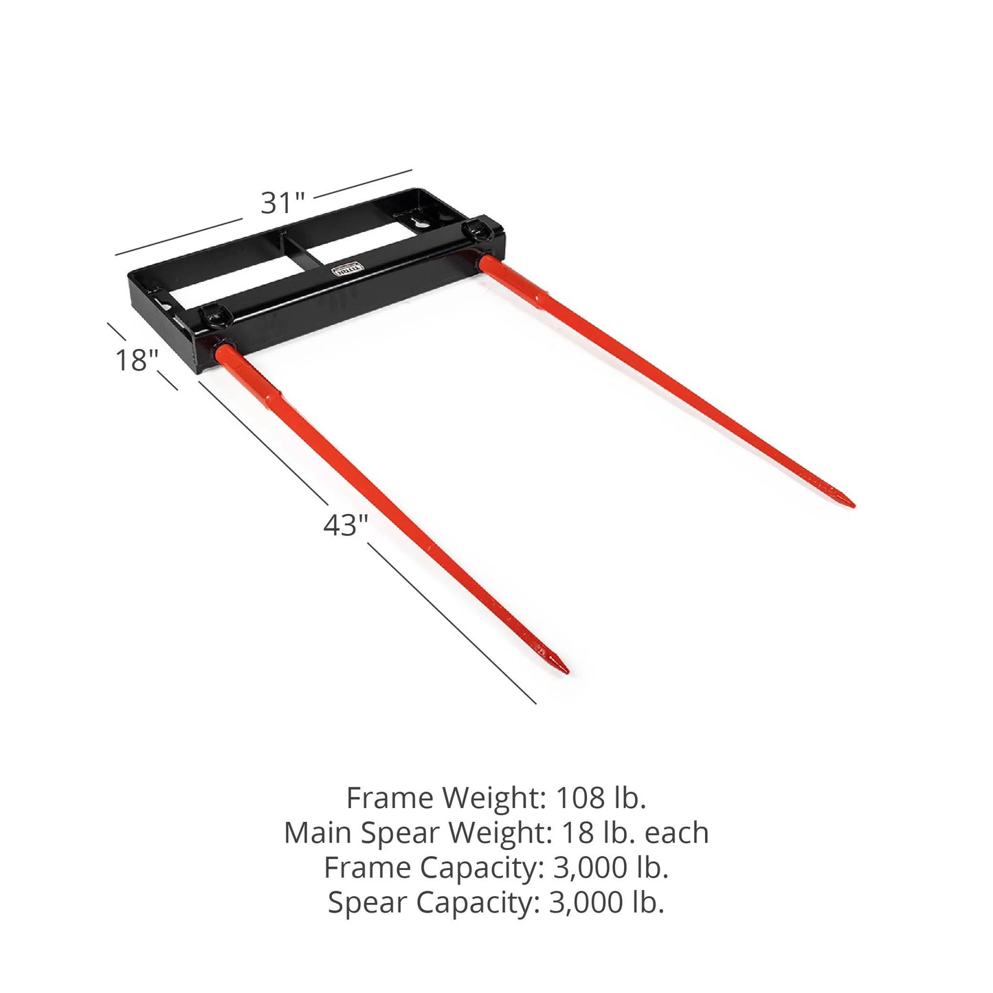 Titan attachments dual prong 43" hay bale spear attachment, universal hd front skid steer tractor loader bucket attachment, 3000 lb capacity, conus 2 tines, chains and ratchet binders included