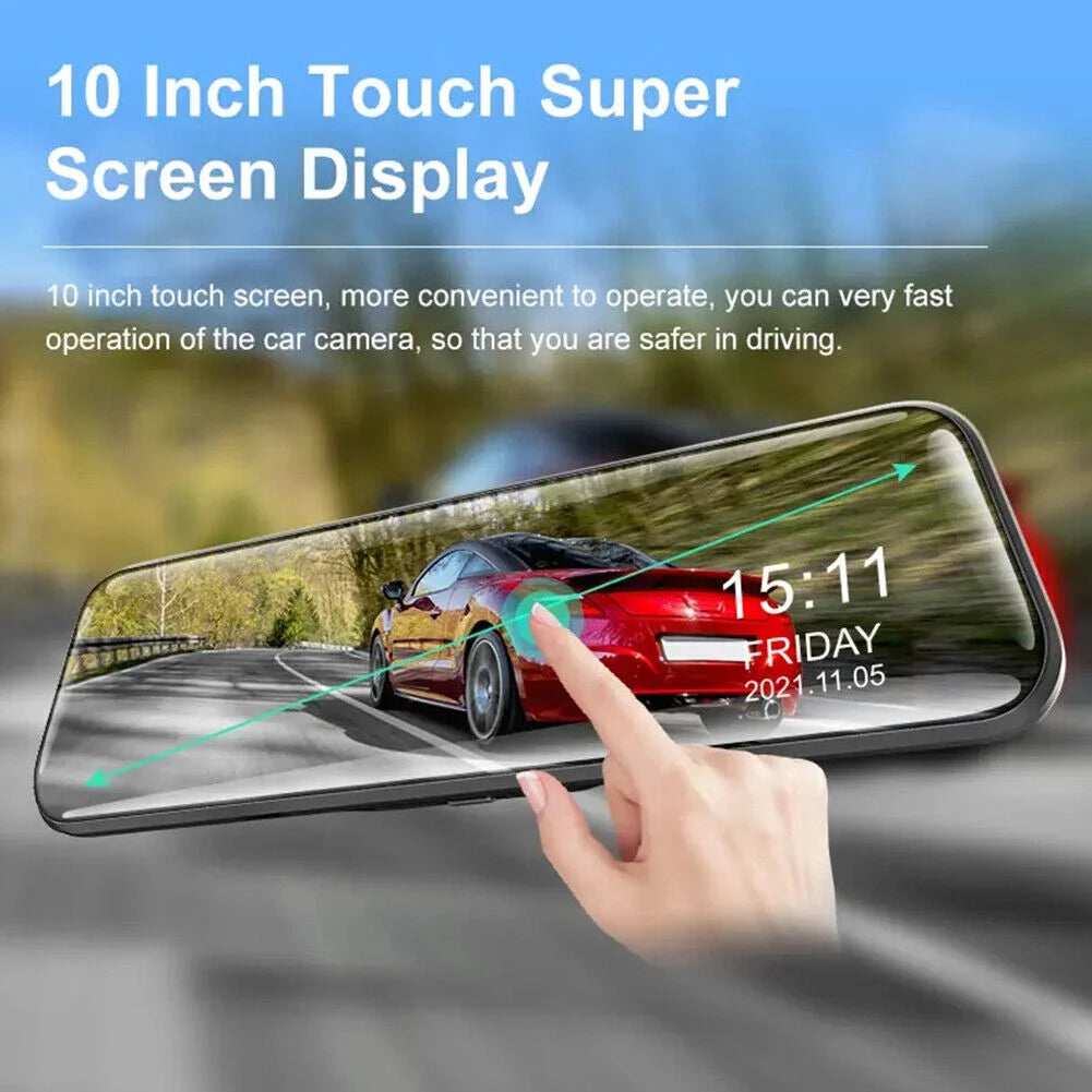 1080p mirror dash cam front rear dual camera 10" ips touch screen 170° wide angle car streaming recorder g-sensor loop recording