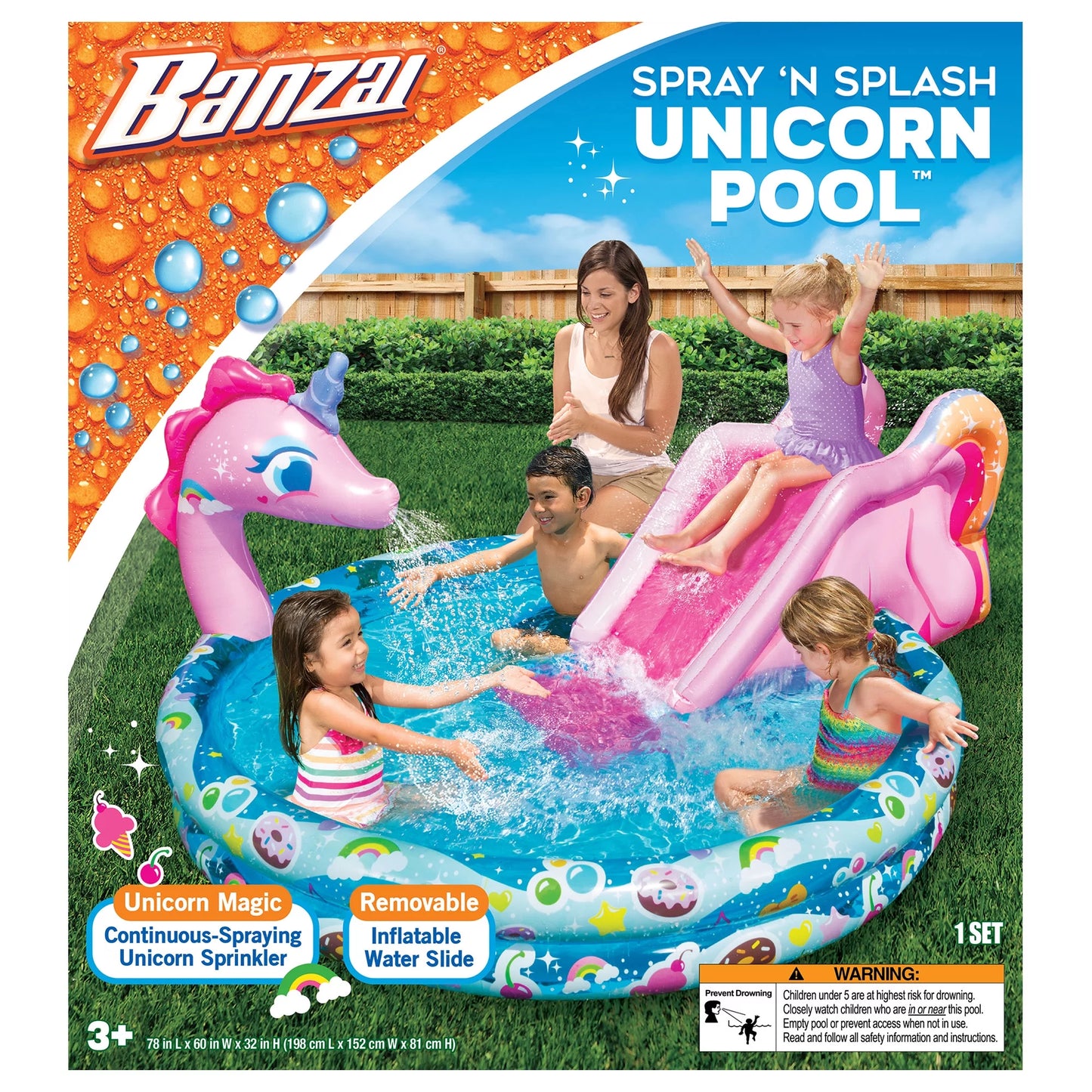 Banzai spray 'n splash unicorn pool, length: 78 in, width: 60 in, height: 32 in, inflatable outdoor backyard water slide splash toy