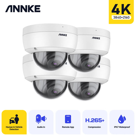 Annke 4pcs dome 8mp 4k ultra hd poe onvif ip security camera with h.265+ ip67 weatherproof ik10 vandal-proof audio recording supports 256 gb tf card remote access motion alerts