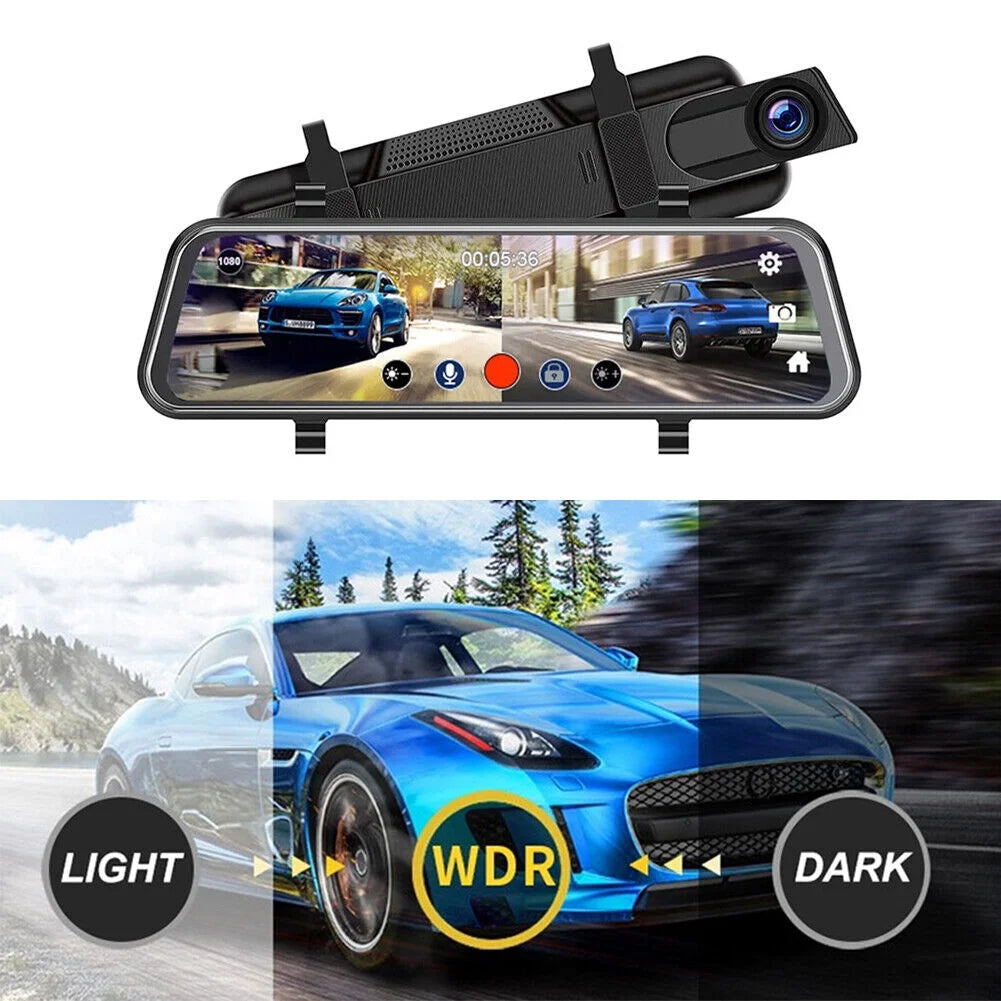 1080p mirror dash cam front rear dual camera 10" ips touch screen 170° wide angle car streaming recorder g-sensor loop recording