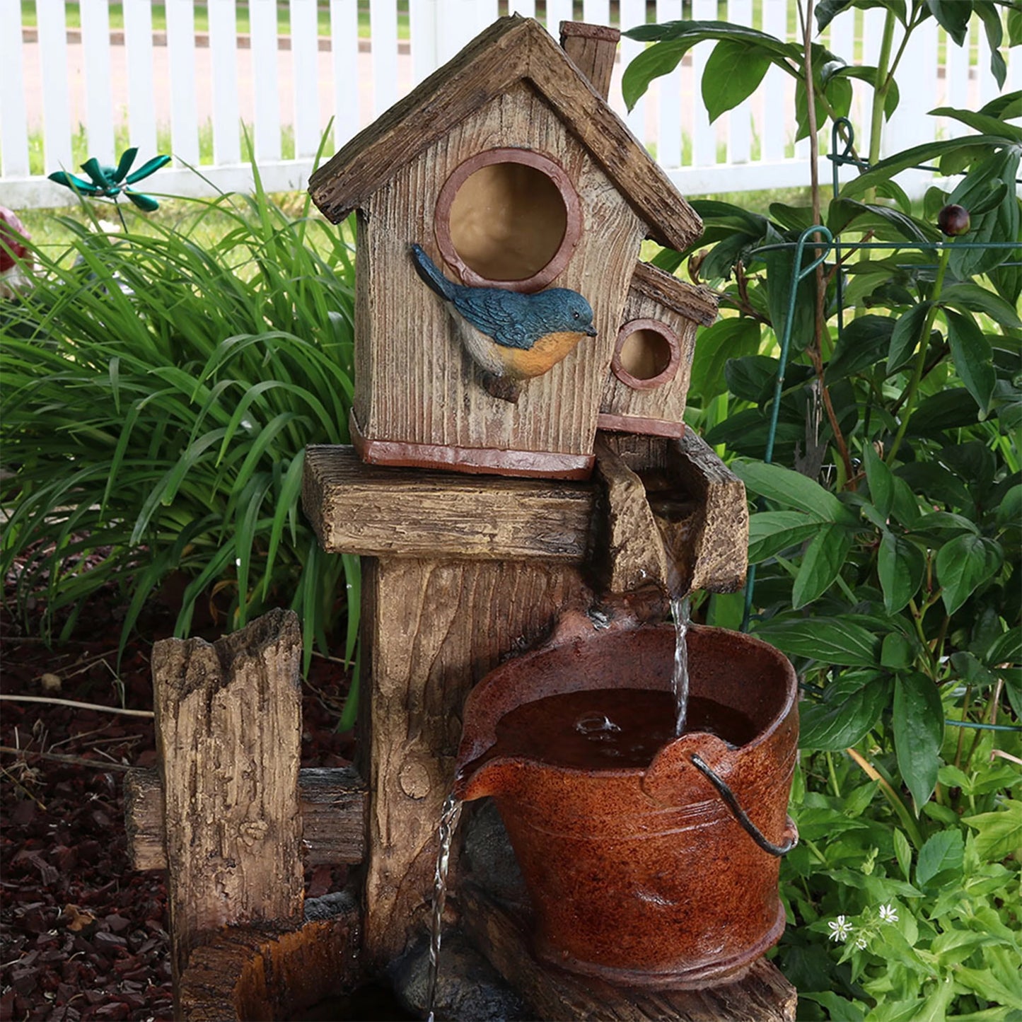 Sunnydaze bluebird house and buckets outdoor fountain - 26"