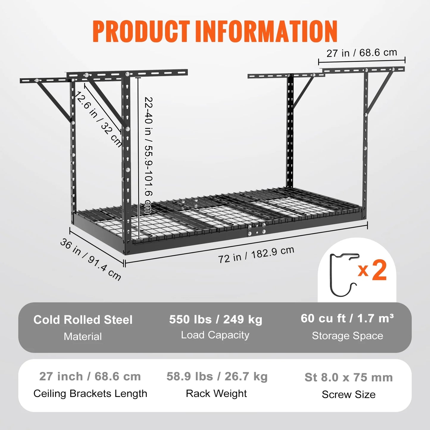 Vevor overhead adjustable garage storage rack 36x72in ceiling rack 550lbs black