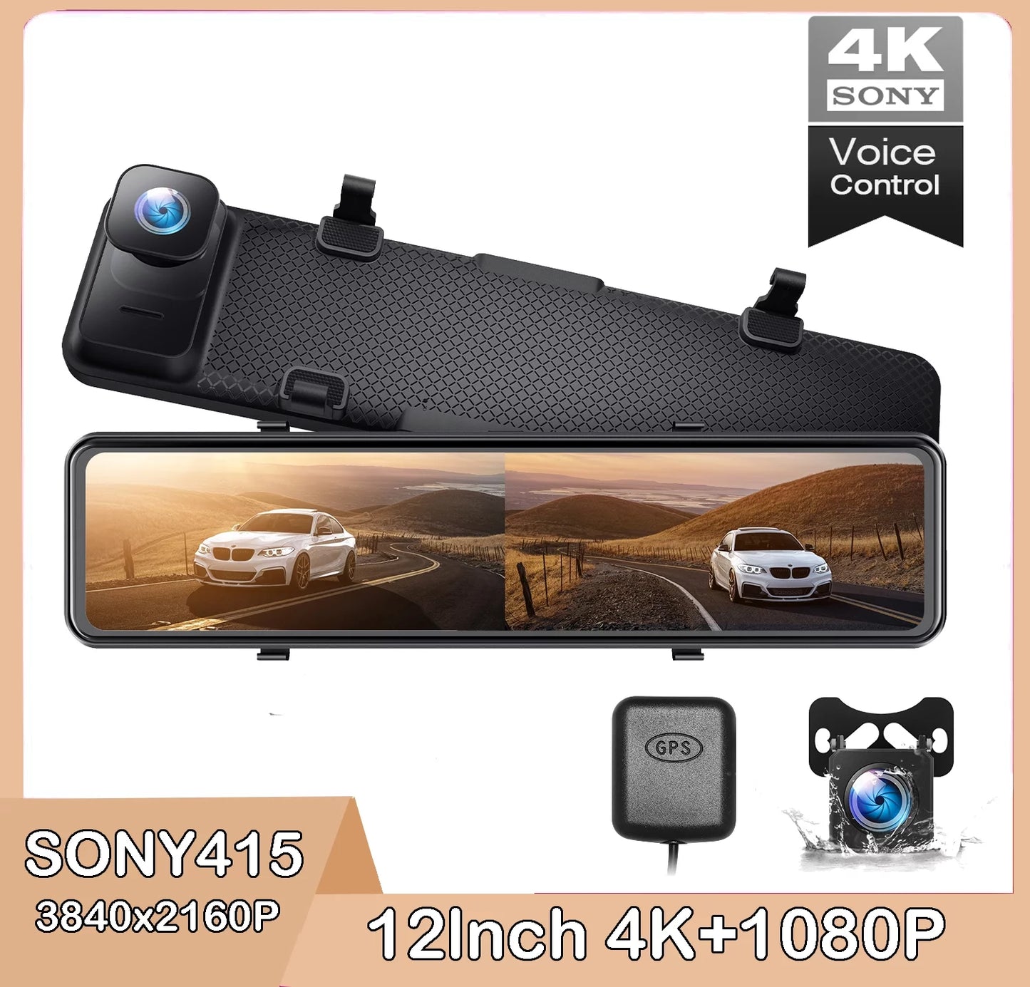 Toguard 4k mirror dash cam, 12" touch screen sony sensor dual dash cam, rear view mirror camera, with gps, parking assist, super night vision