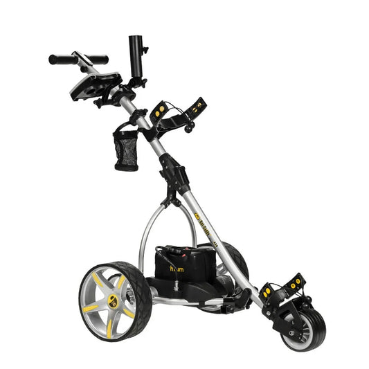 Batcaddy x3r sealed lead 18-hole battery powered golf push cart with remote, dual motor, 9-speeds and reverse, cruise control, anti-tip wheel, and downhill control, titanium silver