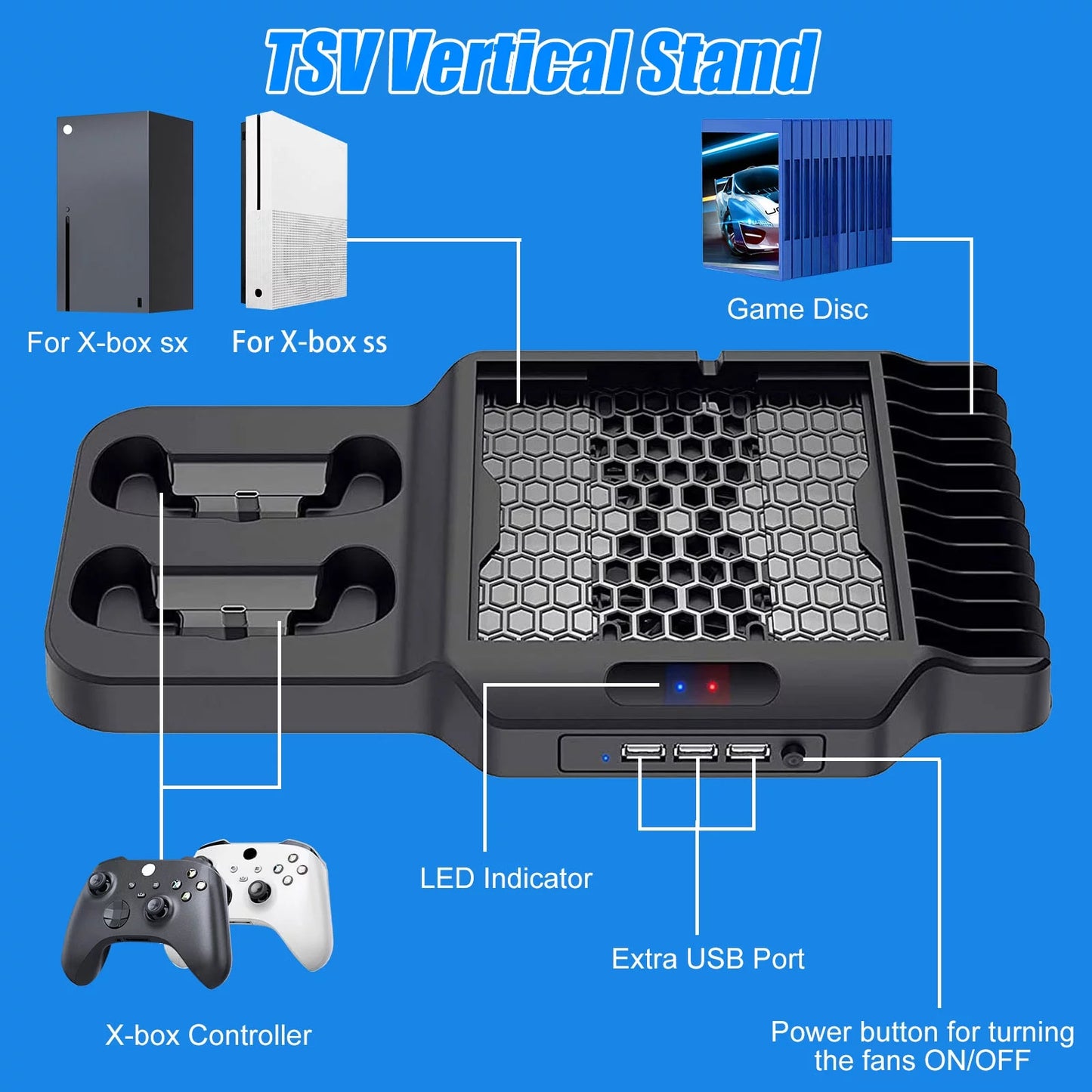 Vertical stand fit for xbox series x/s with 2 cooling fans, eeekit dual controller fast charging dock station fit for xbox series s/x with 3 usb ports, 11 game disc slots