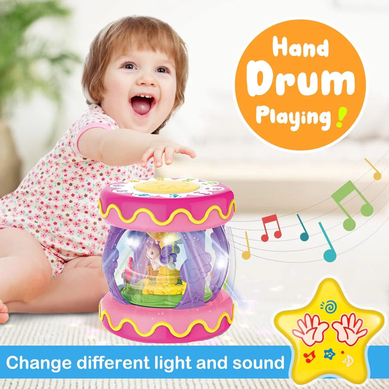 Toys for 1 year old girls, baby toys 6-12 months, rotating light up musical drum toys gift for toddler 1 year old