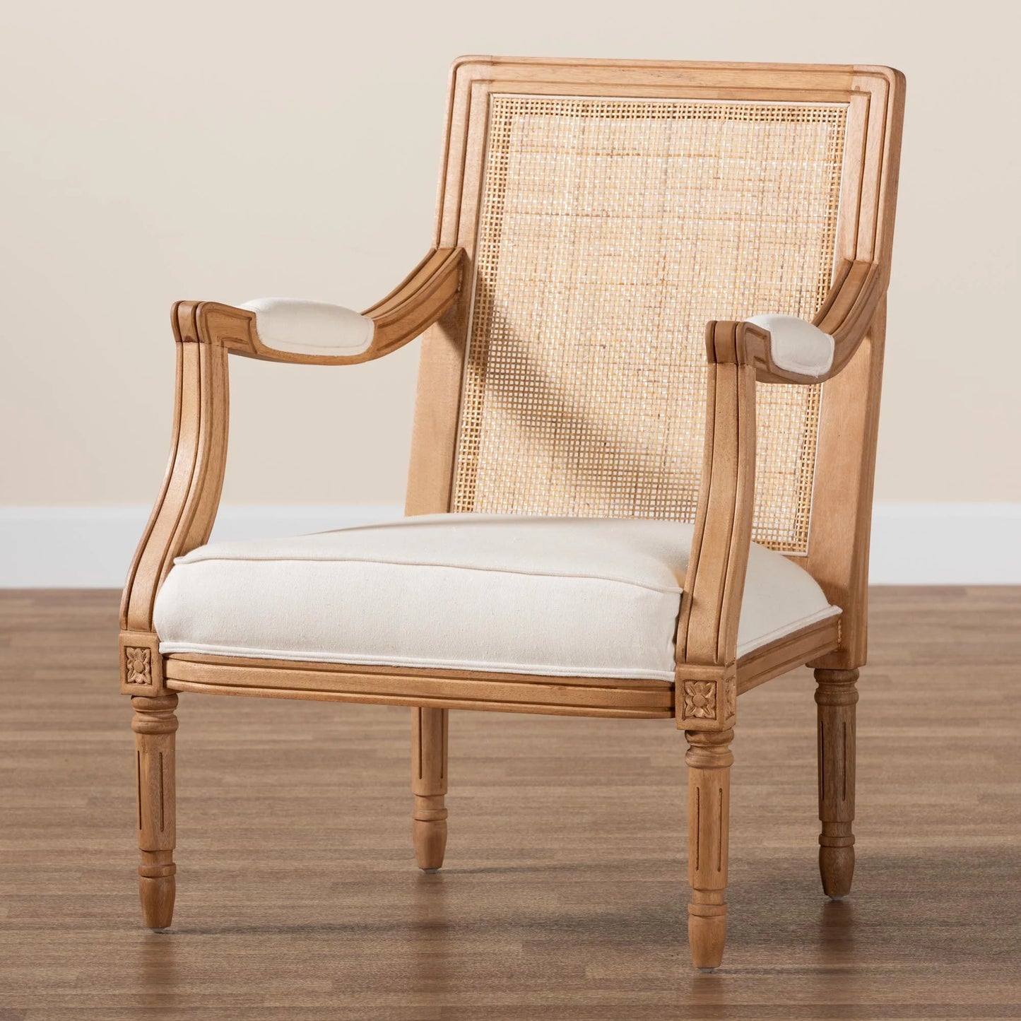 Baxton studio garridan traditional french beige fabric and honey oak finished wood accent chair