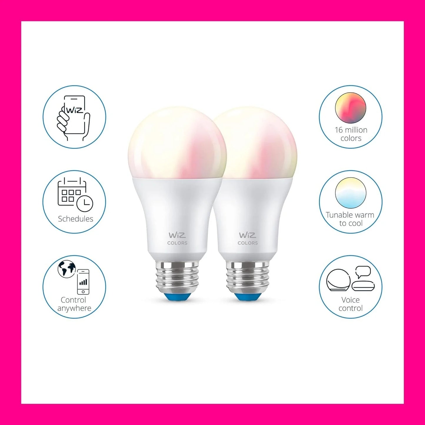 Wiz 60w a19 color led smart bulb - pack of 6 - e26- indoor - connects to your existing wi-fi - control with voice or app + activate with motion - matter compatible