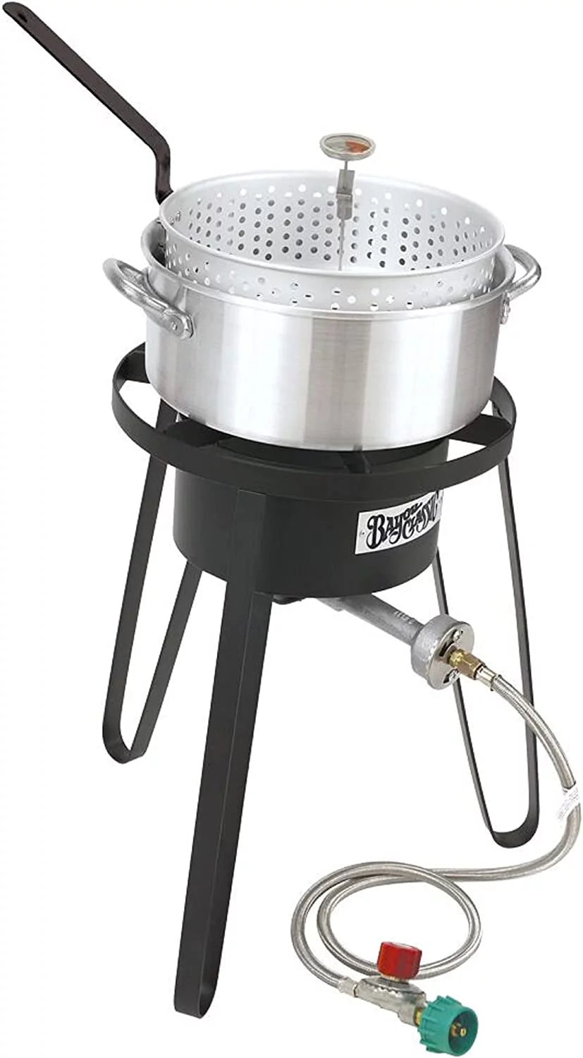 Bayou classic b135 sportsman's choice aluminum fish cooker perfect to fry fish shrimp chicken hushpuppies and fries includes 10-qt aluminum fry pot and basket 21-in tall cooker 5-in fry thermometer