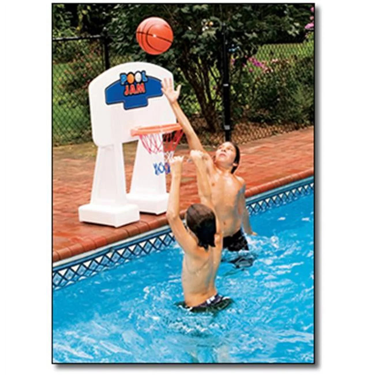 Swimline pool basketball hoop poolside game pool jam heavy duty with plastic rim for kids & adults swimming splash hoops games with midsize water basketball, toy for pools, outdoor summer hoops 9189m