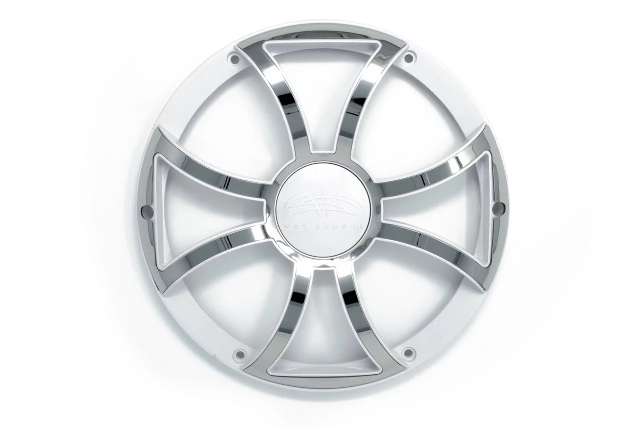 Two wet sounds revo 10" subwoofers & grills - white subwoofers & white grills with stainless steel inserts - 2 ohm