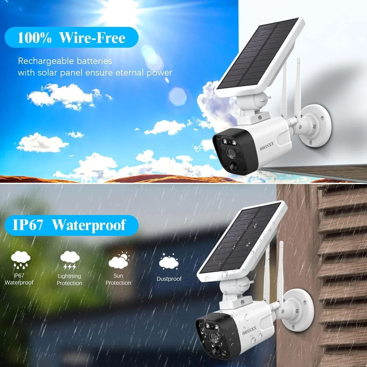 {100% wireless solar security camera system}, 6pcs 2k 3.0mp solar cameras with 8-channel nvr, wire-free home surveillance system, 2tb hard drive pre-installed by oossxx