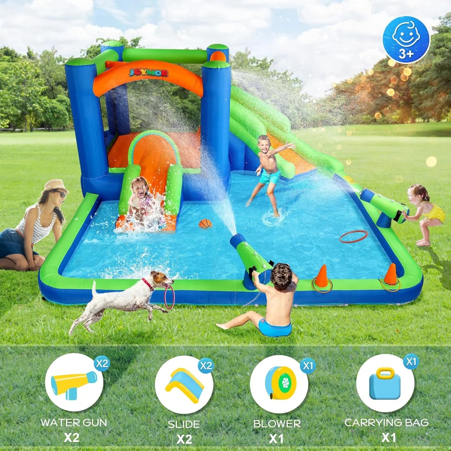 (2024 new) joymor inflatable water slide bounce house for kid 3-6, inflatable water slide w/basketball hoop, water cannon, ring-toss game, inflatable water bounce house w/slides, air blower