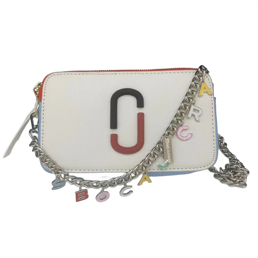 Women's beige leather cross body snapshot bag with logo chain strap