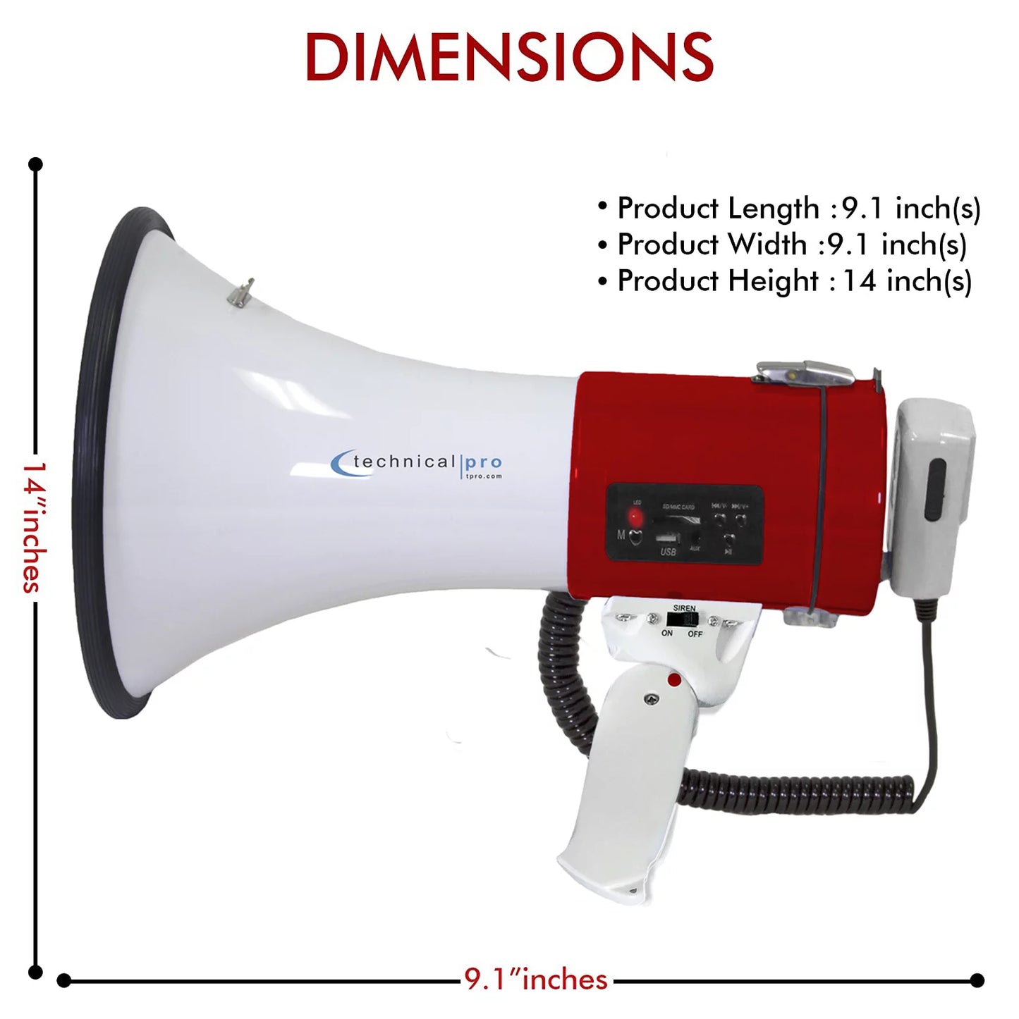 Technical pro red megaphone 75-watt siren bullhorn - bullhorn speaker w/detachable microphone, portable lightweight strap detachable pa - professional outdoor voice for police and cheer leading