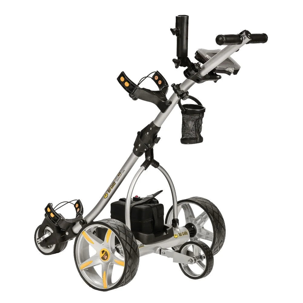 Batcaddy x3r sealed lead 18-hole battery powered golf push cart with remote, dual motor, 9-speeds and reverse, cruise control, anti-tip wheel, and downhill control, titanium silver