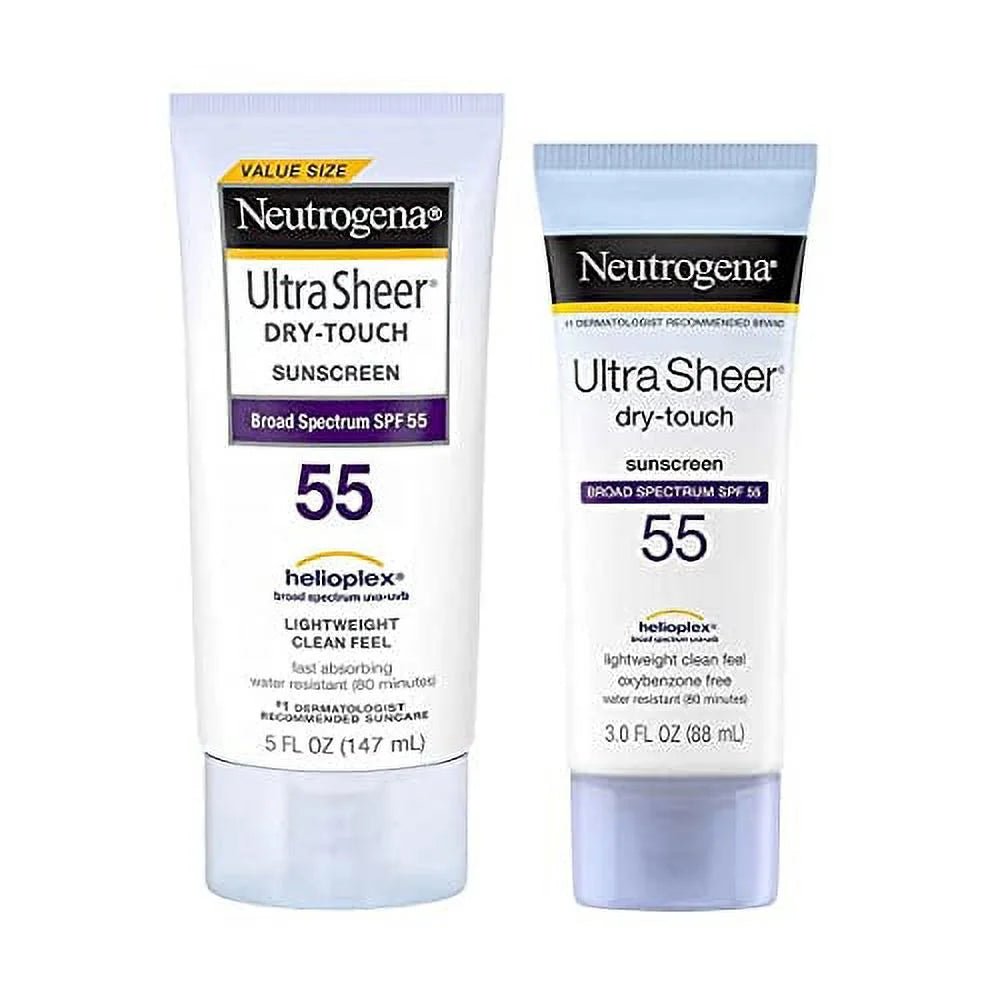 Ultra sheer spf 55 sunscreen light weight clean feel 5.0 fl oz +3.0 fl oz net wt 8 fl oz