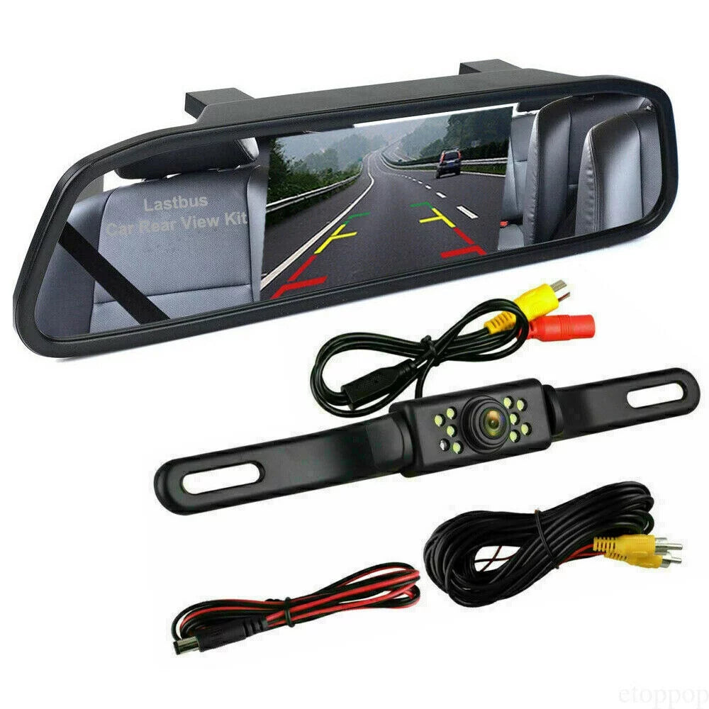 4.3" backup camera mirror car rear view reverse night vision parking system kit