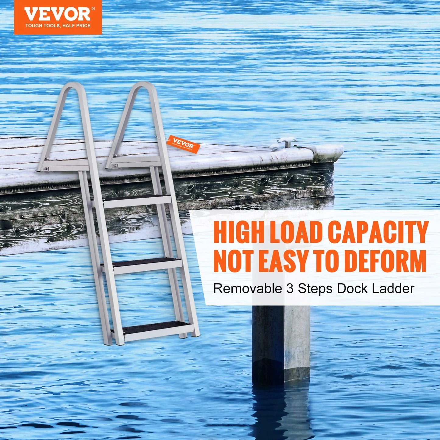 Vevor removable 3-step dock ladder - 350 lbs capacity, aluminum alloy with 4'' wide nonslip steps, simple installation for boats, lakes, pools & marine access